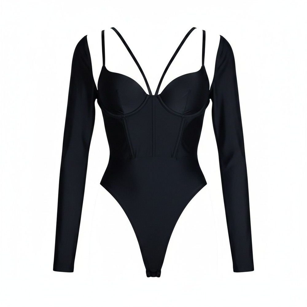 Poster Grl Black Corset Bodysuit Long Sleeve Strappy Underwire Harness APG22110
